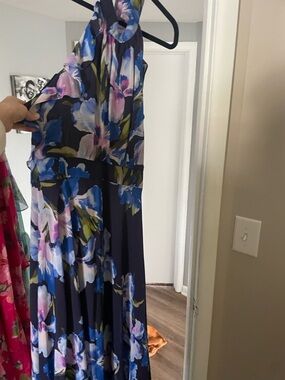 Eliza J Navy Floral Halter Maxi Dress with Blue, Purple and Green Accents